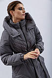 Куртка жіноча пуховик з капюшоном щільна плащівка пояс S сіра, фото 4