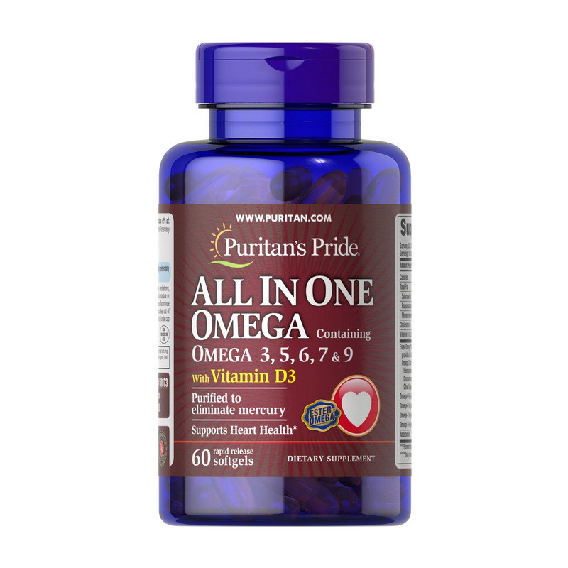 Комплексна Омега + Вітамін D3 Puritan's Pride All в One Omega 3-5-6-7 & 9 з Vitamin D3 60 softgels