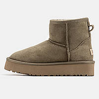 Женские зимние UGG Classic Mini Platform Khaki, хаки замшевые угги мини на платформе уги зима