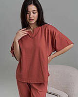 Піжама жіноча (сорочка+штани) з віскози, колір теракотовий,  в рубчик, розміри S,M,L