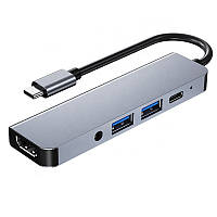 USB Хаб 5 в 1 Type-C to USB3.0*2 + HDMI 4K + Jack 3.5mm + USB-C PD TRY PLUG сірий
