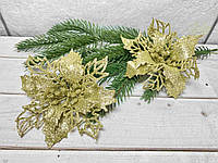 Рождественский цветок Пуансетия в глитере золото. Диаметр 9 см
