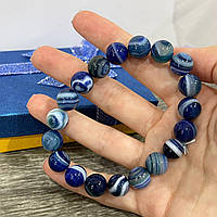 Браслет из натурального камня Глазковый синий агат гладкие шарики размер 10 мм - оригинальный подарок девушке