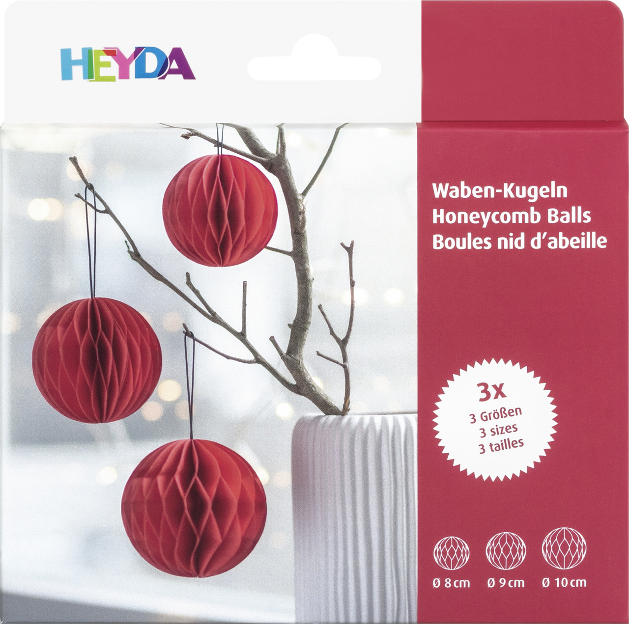 Паперові кулі стільники набір червоні 3 шт., Ø 8, 9, 10 см Heyda 204870717