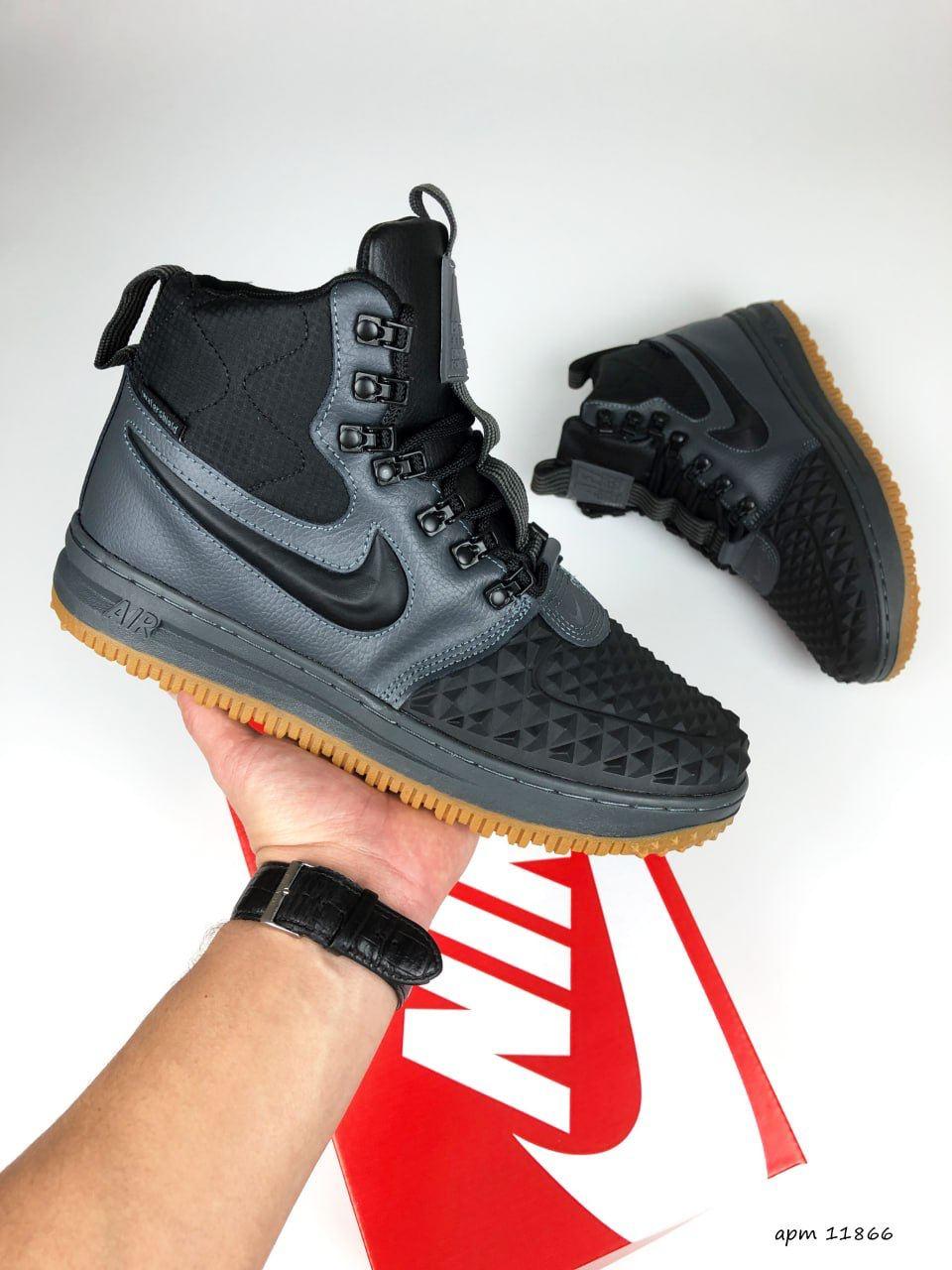 Чоловічі зимові кросівки Nike Lunar Force 1 Duckboot (сірі з чорним) високі модні кеди з хутром В11866 vkross