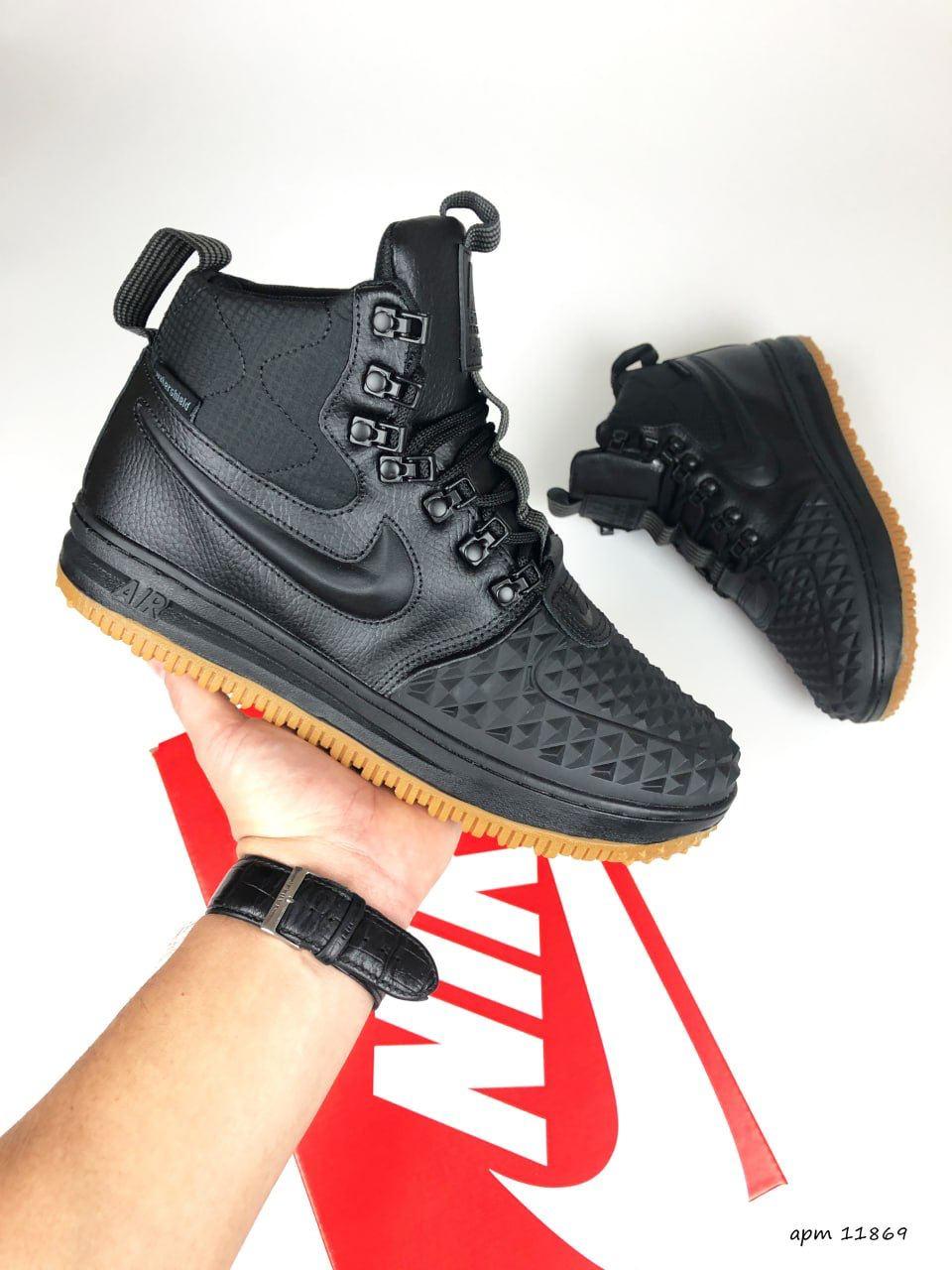 Чоловічі зимові кросівки Nike Lunar Force 1 Duckboot (чорні з коричневим) високі кеди на хутрі В11869 vkross
