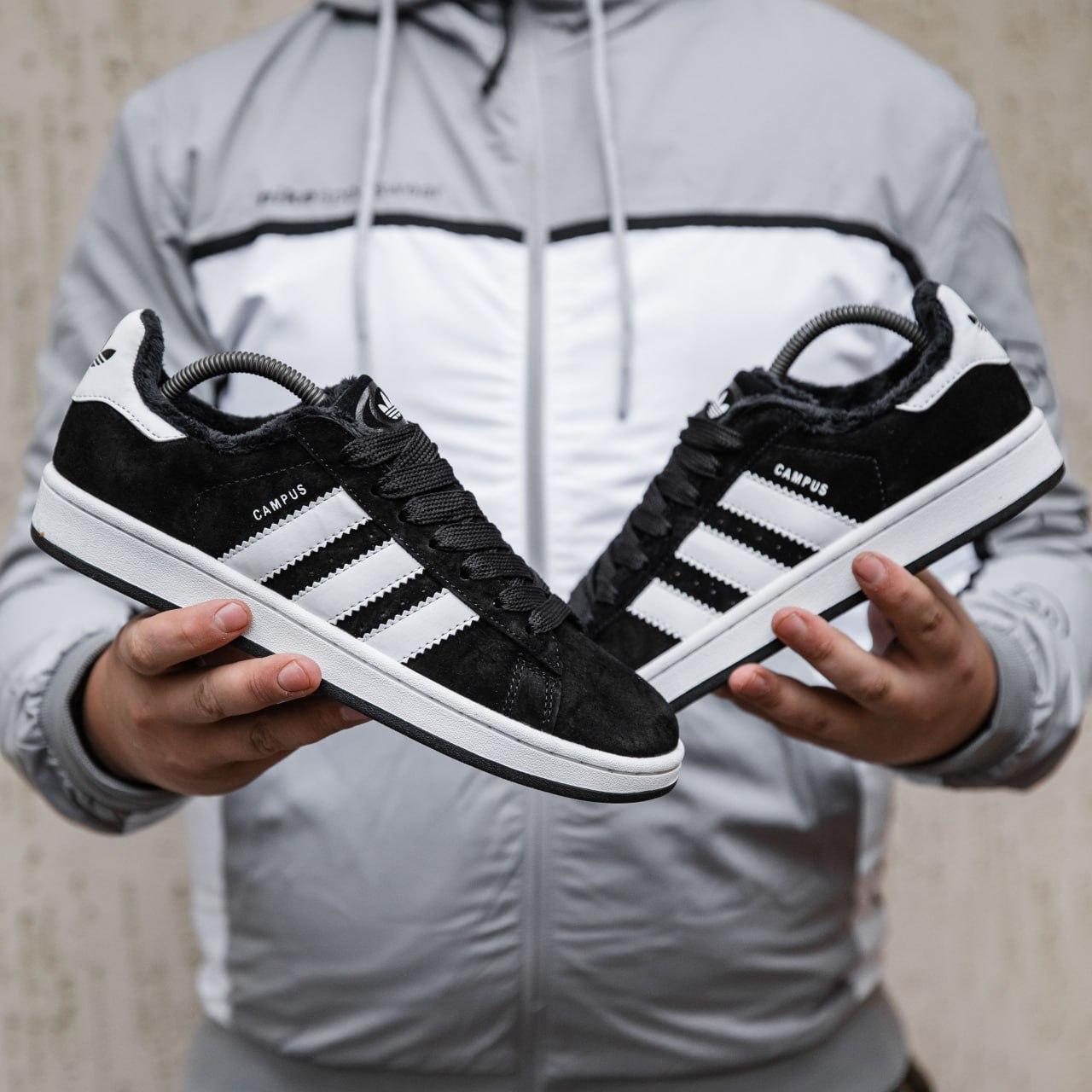 Чоловічі зимові кросівки Adidas Campus (чорні з білим) стильні теплі кеди на хутрі 2514 vkross