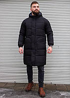 Мужская зимняя парка черная Длинная куртка пуховик с капюшоном до колен