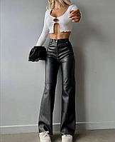 Женские брюки свободного кроя из эко-кожи на флисе, 42-44; 44-46, черный.