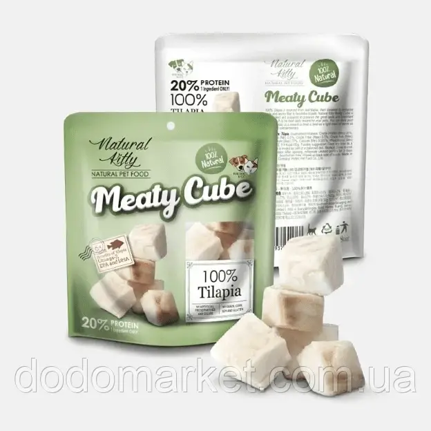 Ласощі для котів і собак Natural Kitty Meaty Cube 100% Tilapia у формі кубиків тилапії 60 г, фото 1