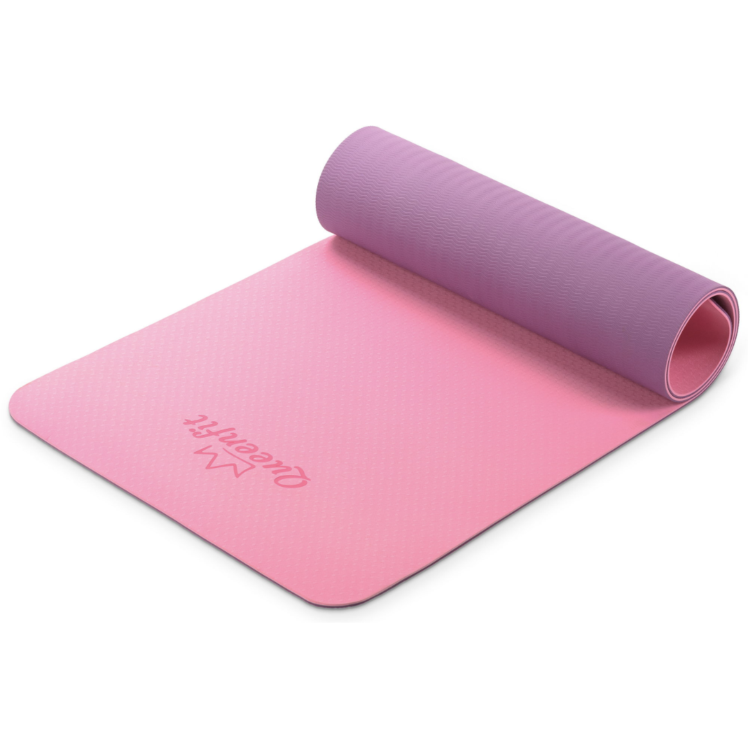 Килимок (мат) для фітнесу та йоги Queenfit Premium ТРЕ 0,6 см рожево-фіолетовий