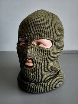 Тактична в'язана балаклава Олива / Балаклава з трьома отворами (грубша)