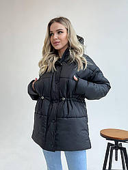 Осіння тепла жіноча куртка оверсайз 42-46 стильна модна куртка на блискавці з капюшоном синтепон 250