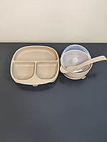 Набор силиконовой посуды 3 предмета для детей ПРЕМИУМ качество Бежевый