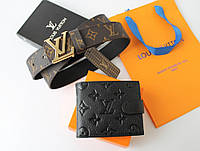 Мужской подарочный набор - кожаный ремень и кошелек Louis Vuitton brown&black