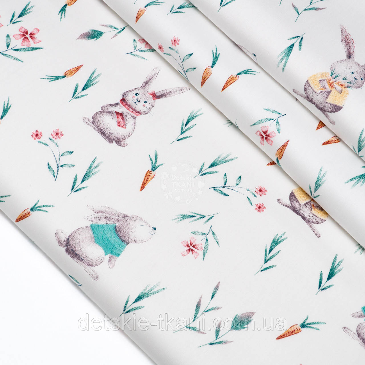 Сатин "Зайчик з морквою на білому тлі", №4839с, фото 1