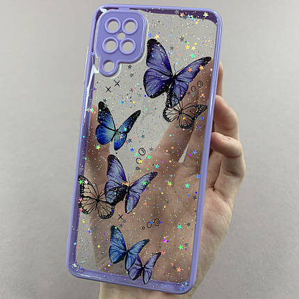Чохол для Samsung Galaxy A12 чохол з метеликами із захистом камери на телефон самсунг а12 бузковий a0i, фото 1
