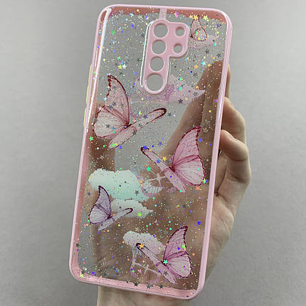 Чохол для Xiaomi Redmi 9 чохол з метеликами із захистом камери на телефон сяомі редмі 9 рожевий a0i, фото 1