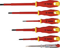 Topex Отвертки, диэлектрические, для работ под напряжением 1000 В, набор 6 ед., с тестером, SL, PH, CrV