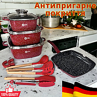 Набор квадратных кастрюль сковородка гриль + силиконовые принадлежности Higher Kitchen Набор гранитной посуды