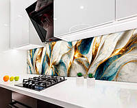 Кухонная панель жесткая ПЭТ мрамор белый с золотом и бирюзой, с двухсторонним скотчем 62 х 205 см, 1,2 мм