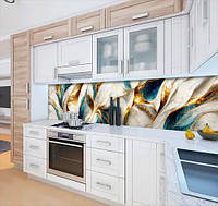 Наклейка на кухонний фартух 60 х 200 см, з фотодруком та захисною ламінацією Мармур білий із золотом та бірюзою