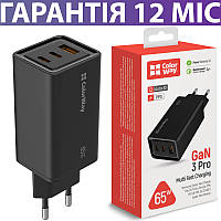 Зарядное устройство 65W ColorWay GaN3 Pro Power Delivery, Quick Charge (USB-A + 2 USB TYPE-C), GaN зарядка