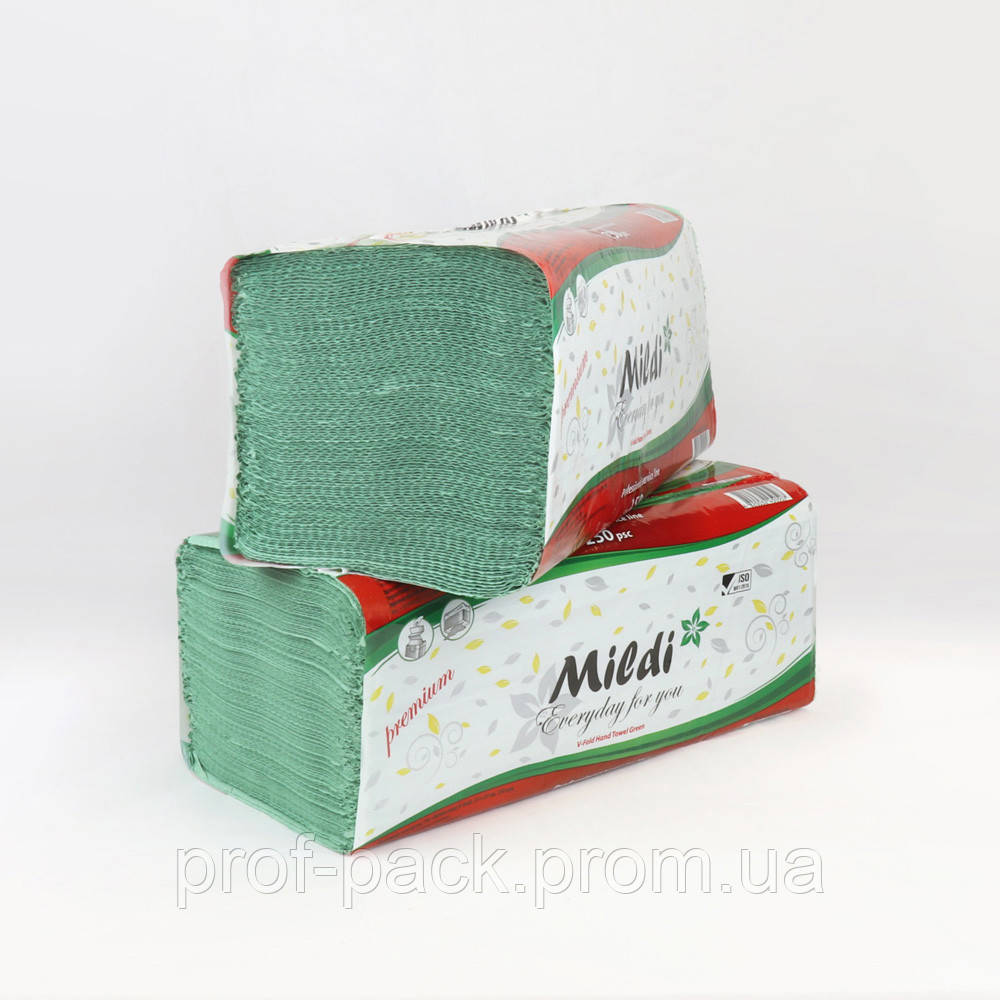 Полотенца бумажные Mildi Premium V-сложения 1-х слойные салатовые 250х230 мм 250 шт/уп - фото 1 - id-p1787942537