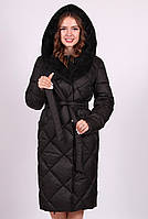 Пальто теплое женское черное с капюшоном плащевка средней длины Актуаль 9158, 46