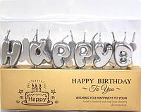 Набор свечей для торта BUBBLES буквы Happy Birthday Серебро