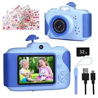 Детская камера, камера HD для малышей, с SD-картой 32 ГБ и силиконовым чехлом, голубая