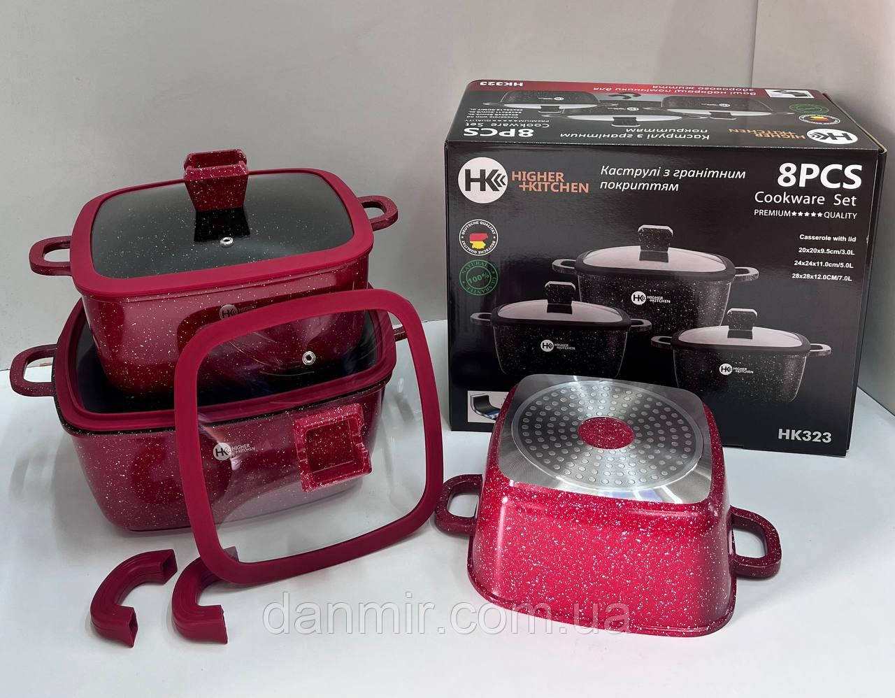 Набір квадратних каструль із силіконовими кришками Higher Kitchen HK-323 Червоний