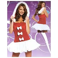 Женский карнавальный новогодний костюм снегурочки из красного короткого облегающего мини-платья с пышной юбкой