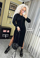 Теплое вязаное женское платье черное длина миди с разрезами по бокам размер 42-48.