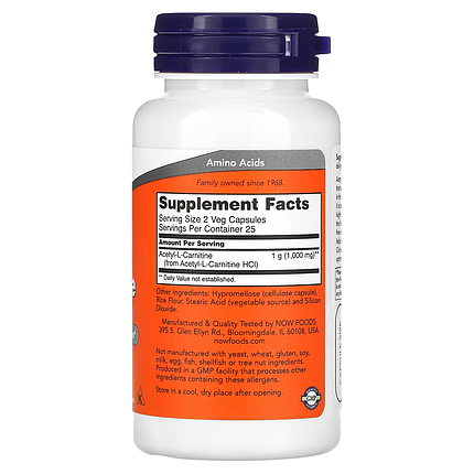 NOW Foods Acetyl-L-Carnitine 500 mg 50 Caps, фото 2