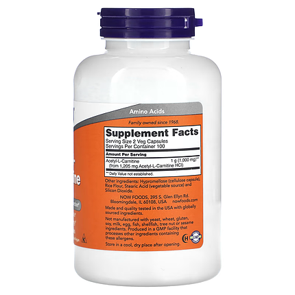 NOW Foods Acetyl-L-Carnitine 500 mg 200 Caps, фото 3