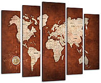 Модульная картина в гостиную / спальню Карта мира коричневая Art-469_5 ( 80х118см ) с лаковым покрытием
