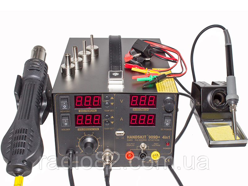 Паяльна станція 4в1 HandsKit 909D+, паяльник + фен + тестер + USB, 4 дисплеї