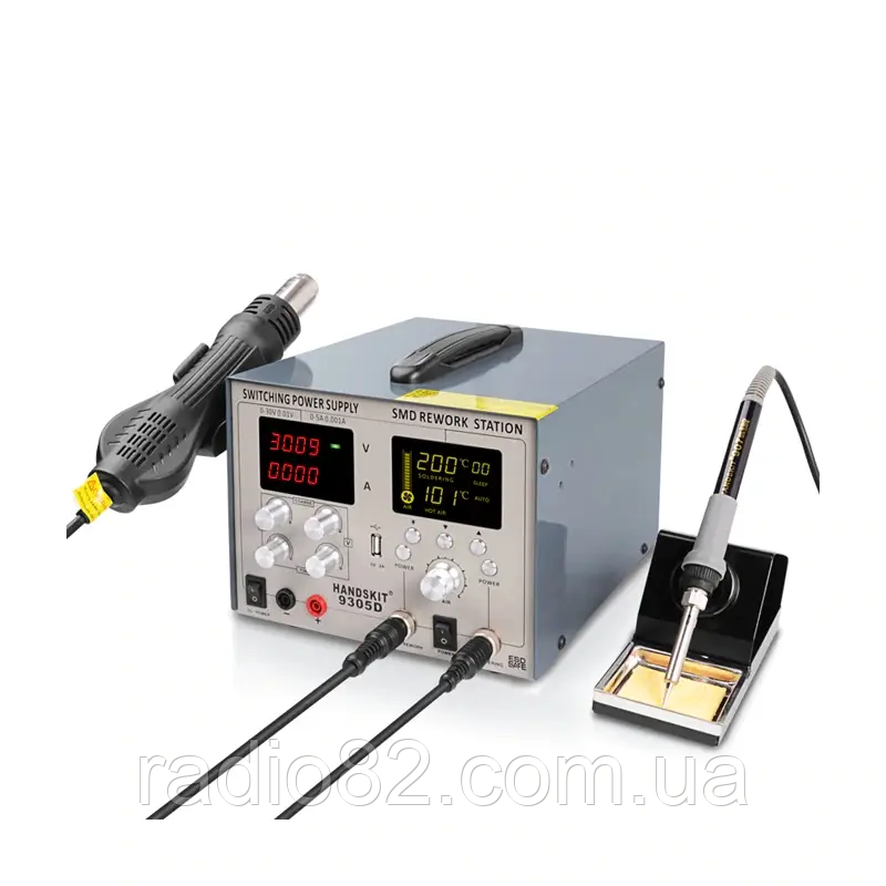 Паяльна станція 4в1 HandsKit 9305D, паяльник + фен + лаболаторний блок + USB, 4 дисплеї