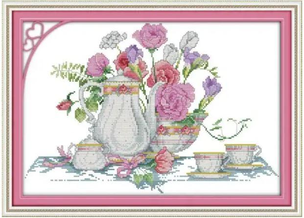 Набір для вишивання за нанесеною на канву схемою "Pink rose table". AIDA 14CT printed 43*31 см