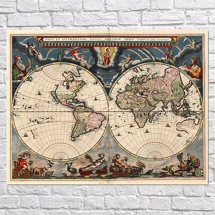 Плакат "Стародавня карта Землі, 1672р, латинь, Earth Ancient Map", 46×60см, фото 2