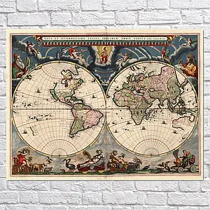 Плакат "Стародавня карта Землі, 1672р, латинь, Earth Ancient Map", 46×60см