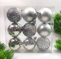 Новогодние елочные шары 6см,серебряные оригинальные блестящие(1уп-9шт)