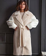 Пальто женское миди эко альпака, утепленное, дизайнерское, белый - бежевый - капучино, 42