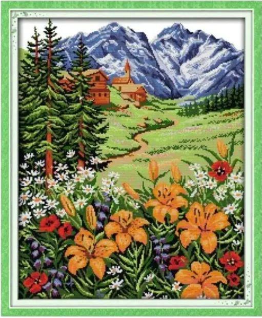 Набір для вишивання за нанесеною на канву схемою "Snow Mountain in spring". AIDA 14CT printed, 45*53 см