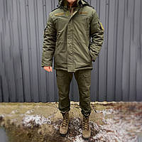 Мужская Зимняя Куртка на синтепоне с флисовой подкладкой / Водоотталкивающий Бушлат олива размер L