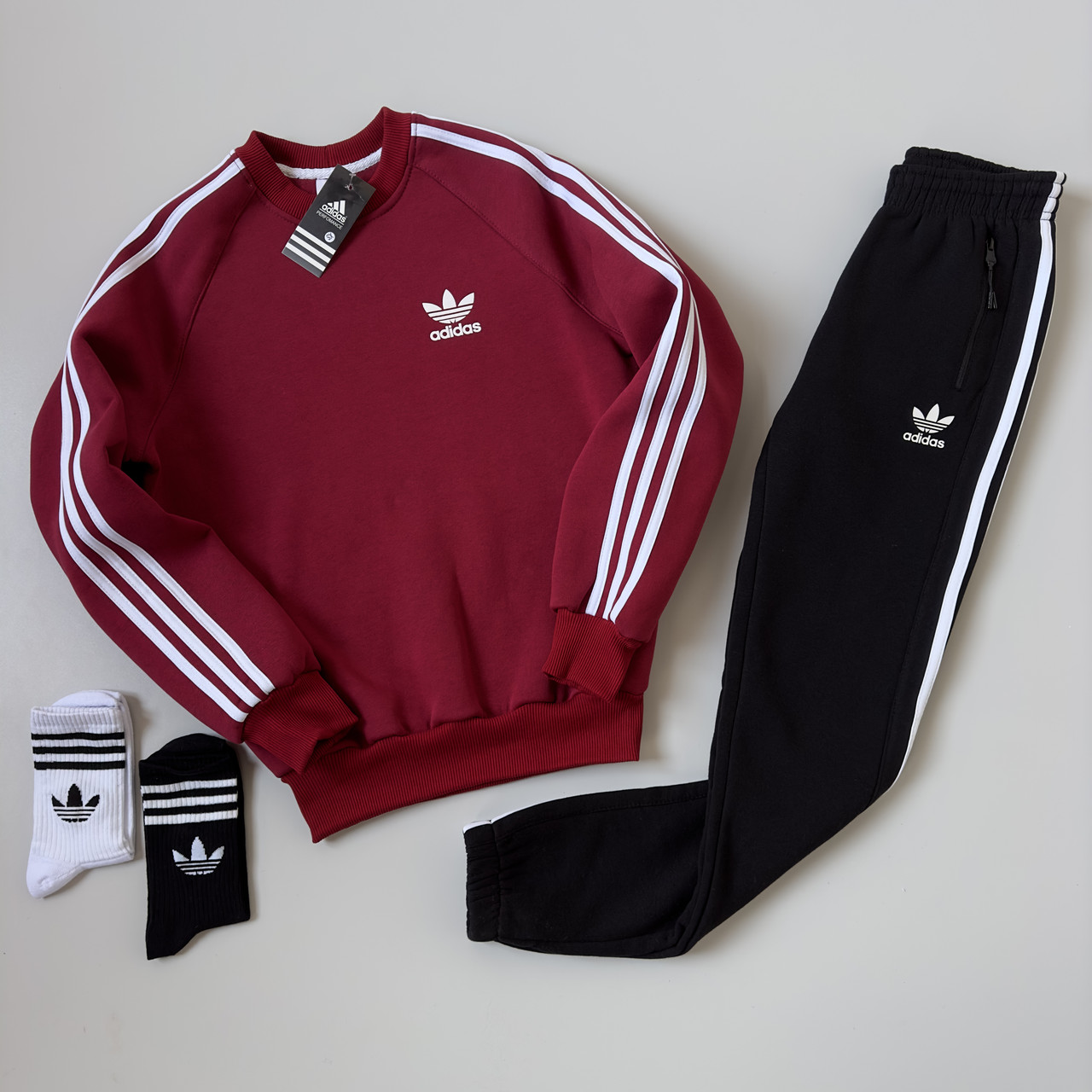 Спортивний костюм чоловічий зимовий теплий Adidas originals на флісі бордовий світшот штани адідас зима з начосом