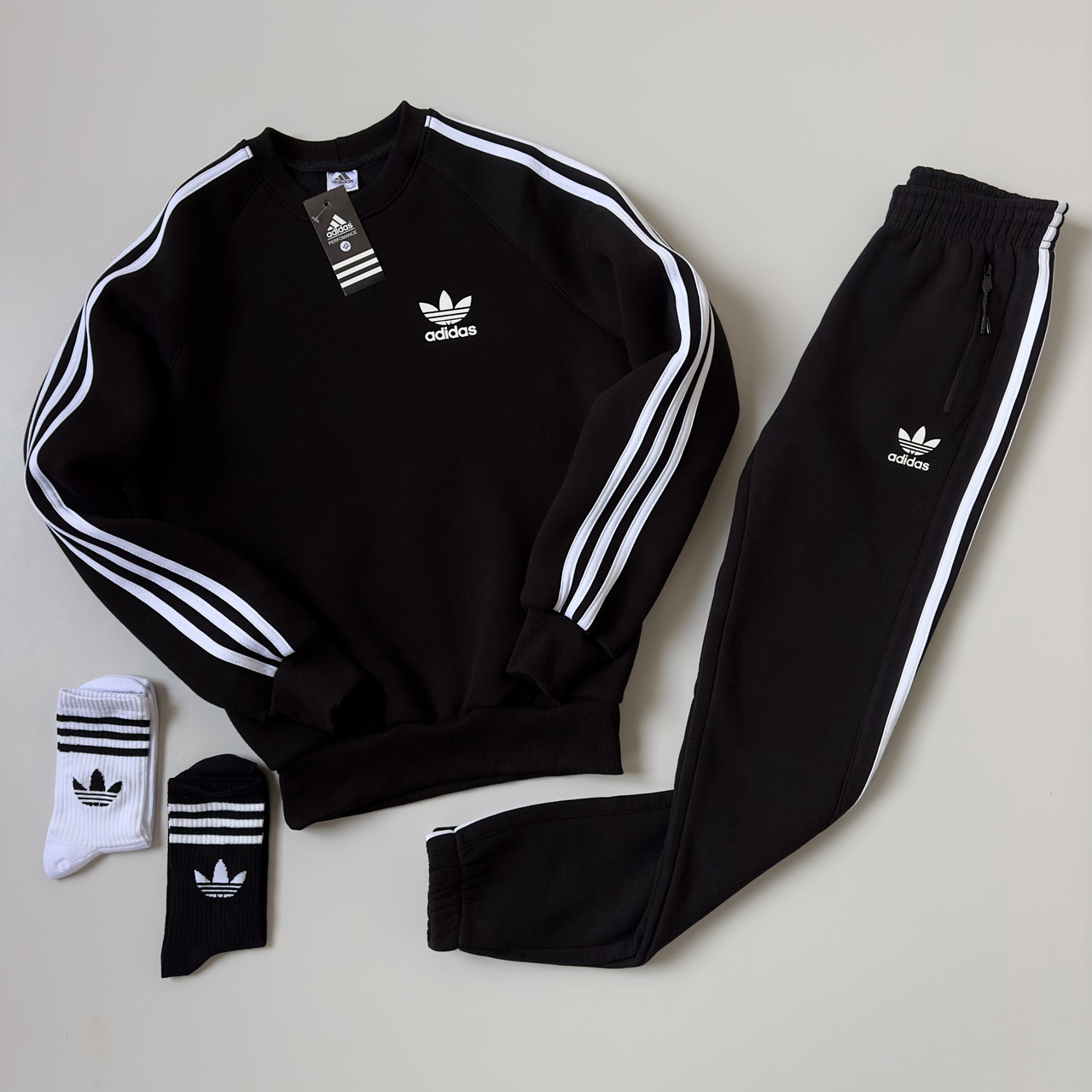 Спортивний костюм чоловічий зимовий теплий Adidas originals на флісі чорний світшот штани адідас зима з начосом