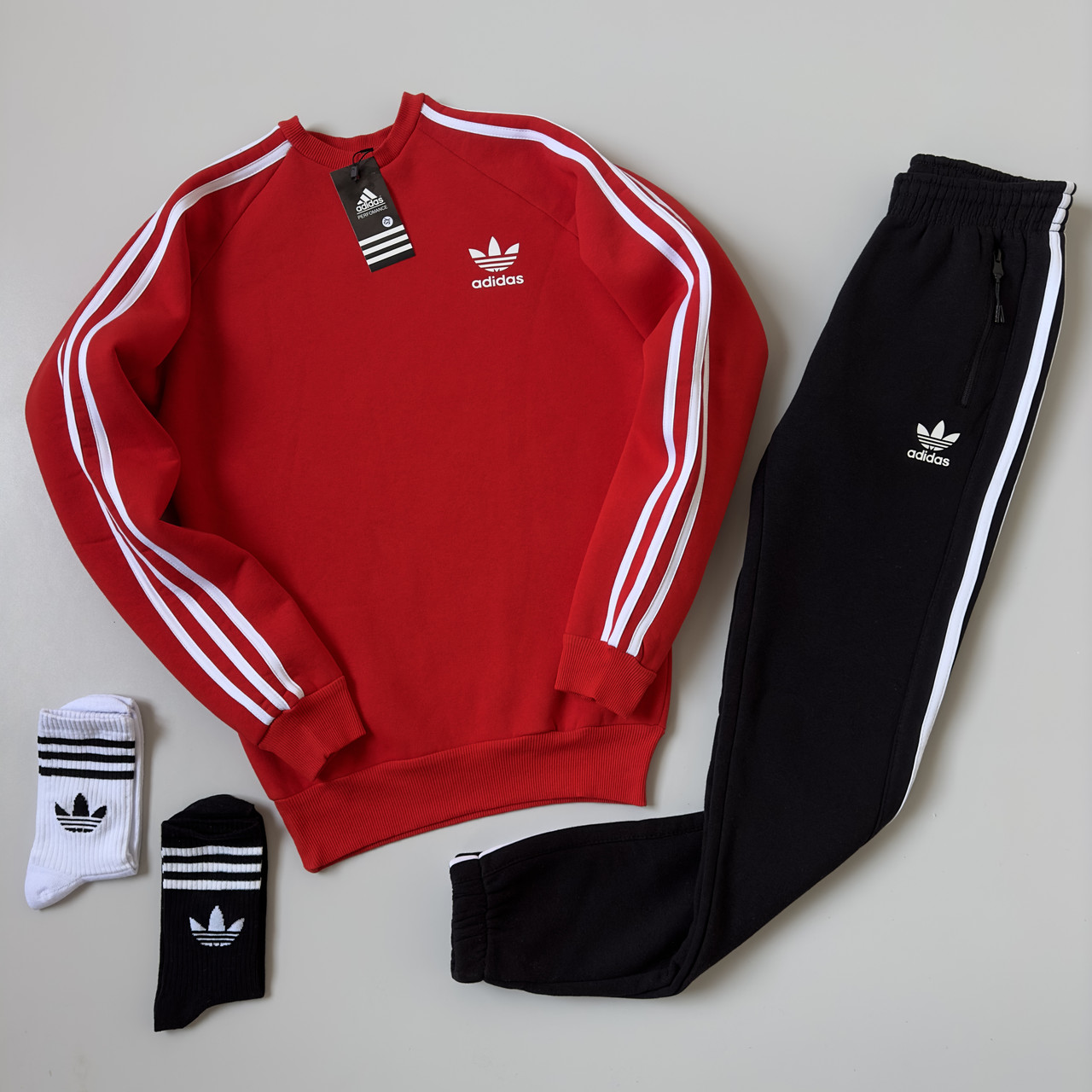 Чоловічий зимовий спортивний костюм теплий Adidas originals на флісі червоний світшот штани адідас зима з начосом