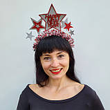 Аксесуар для новорічної фотосесії Новорічний обруч зі срібними та червоними зірками. Новорічна корона, фото 5